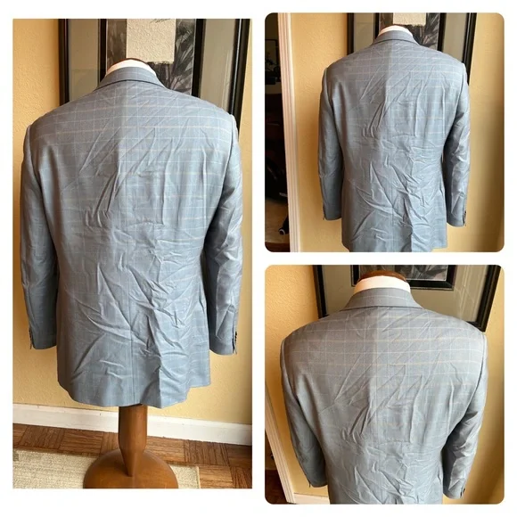 Marzotto Sartoriale Fine Italian Wool Light Blue Windowpane Jacket Size 40R